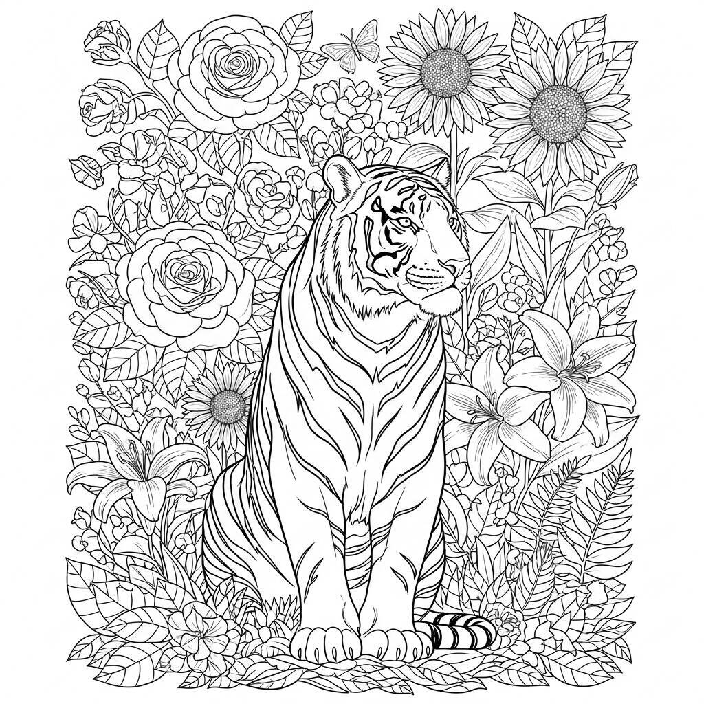 Coloriage tigre avec des fleurs