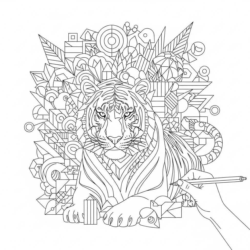 Dessin de tigre avec des motifs géométriques à colorier