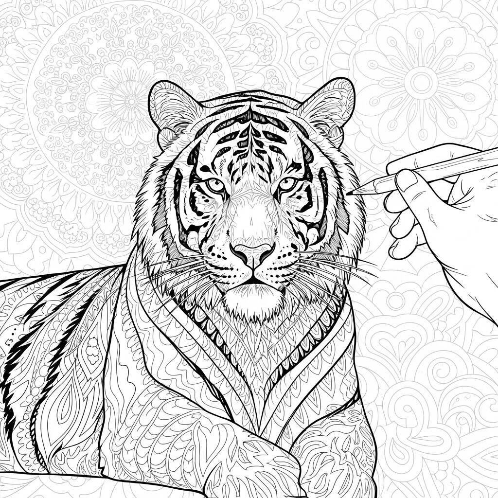 Dessin de tigre avec des motifs de mandala à colorier