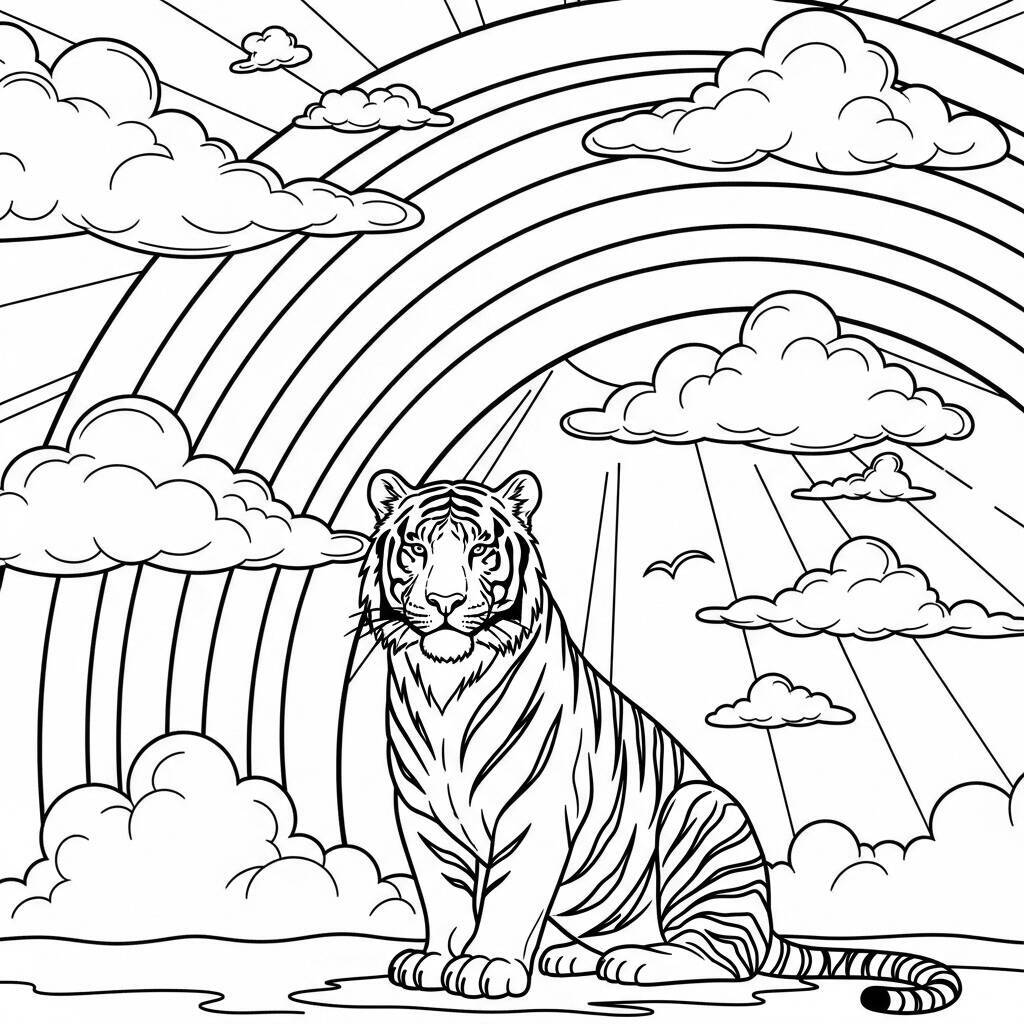 Coloriage tigre et arc-en-ciel