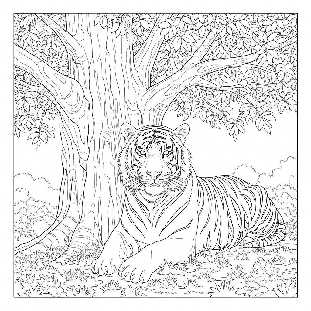 Coloriage tigre et arbres