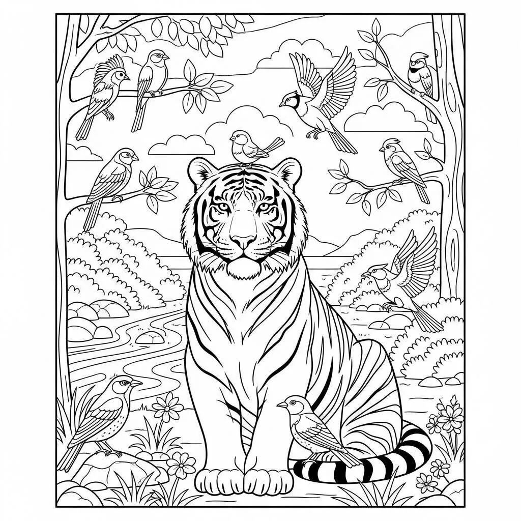 Desenho de Tigre e Aves para Colorir