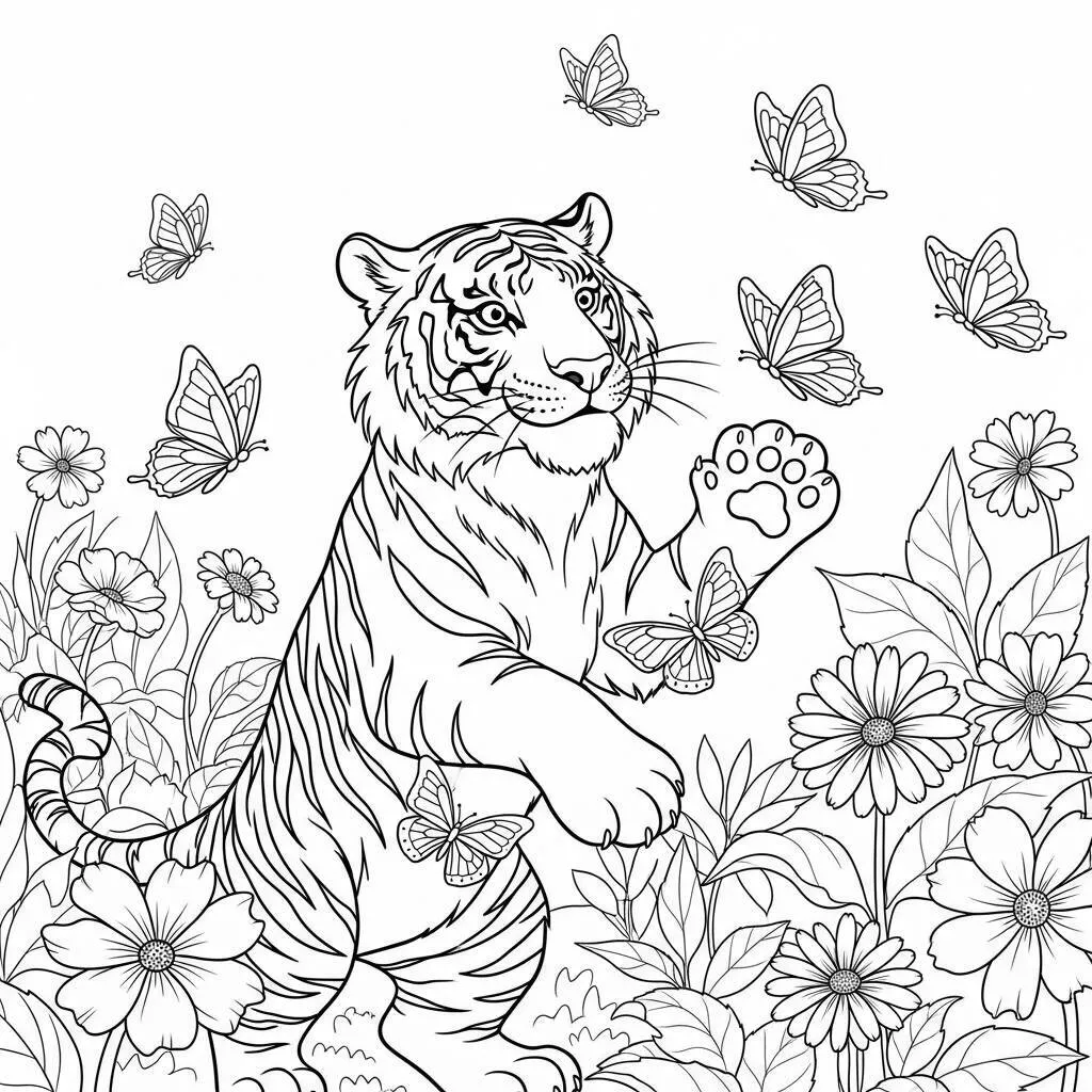 Desenho de Tigre e Borboletas para Colorir