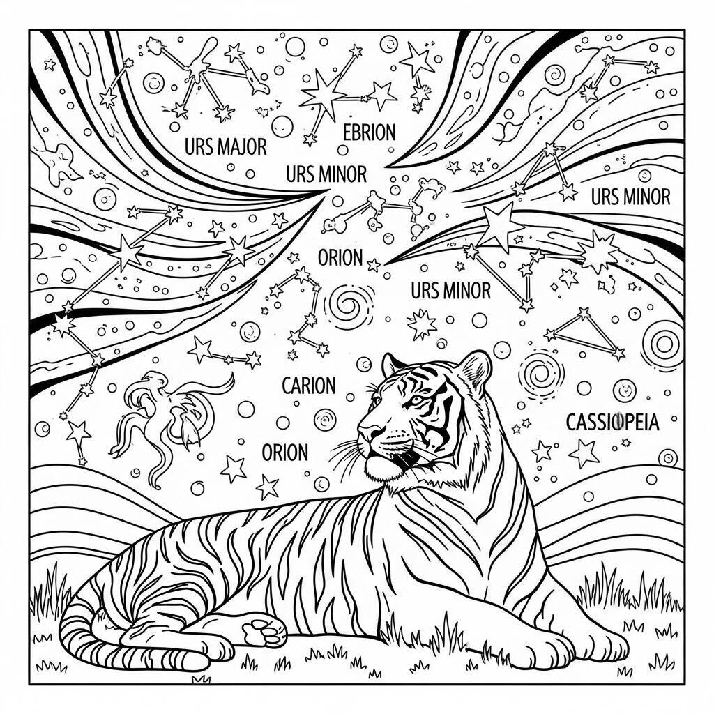 Coloriage tigre et étoiles