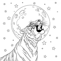 Tiger and Full Moon Coloring Page