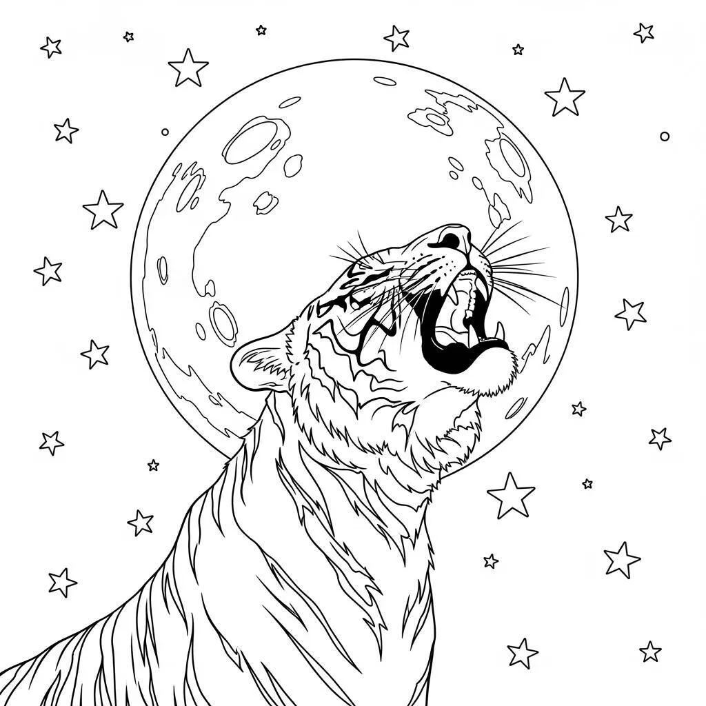Desenho-de-Tigre-e-Lua-Cheia-para-Colorir Tiger and Full Moon Coloring Page