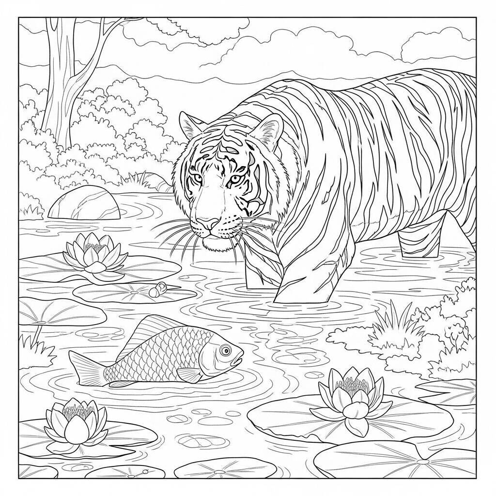 Coloriage tigre et poisson