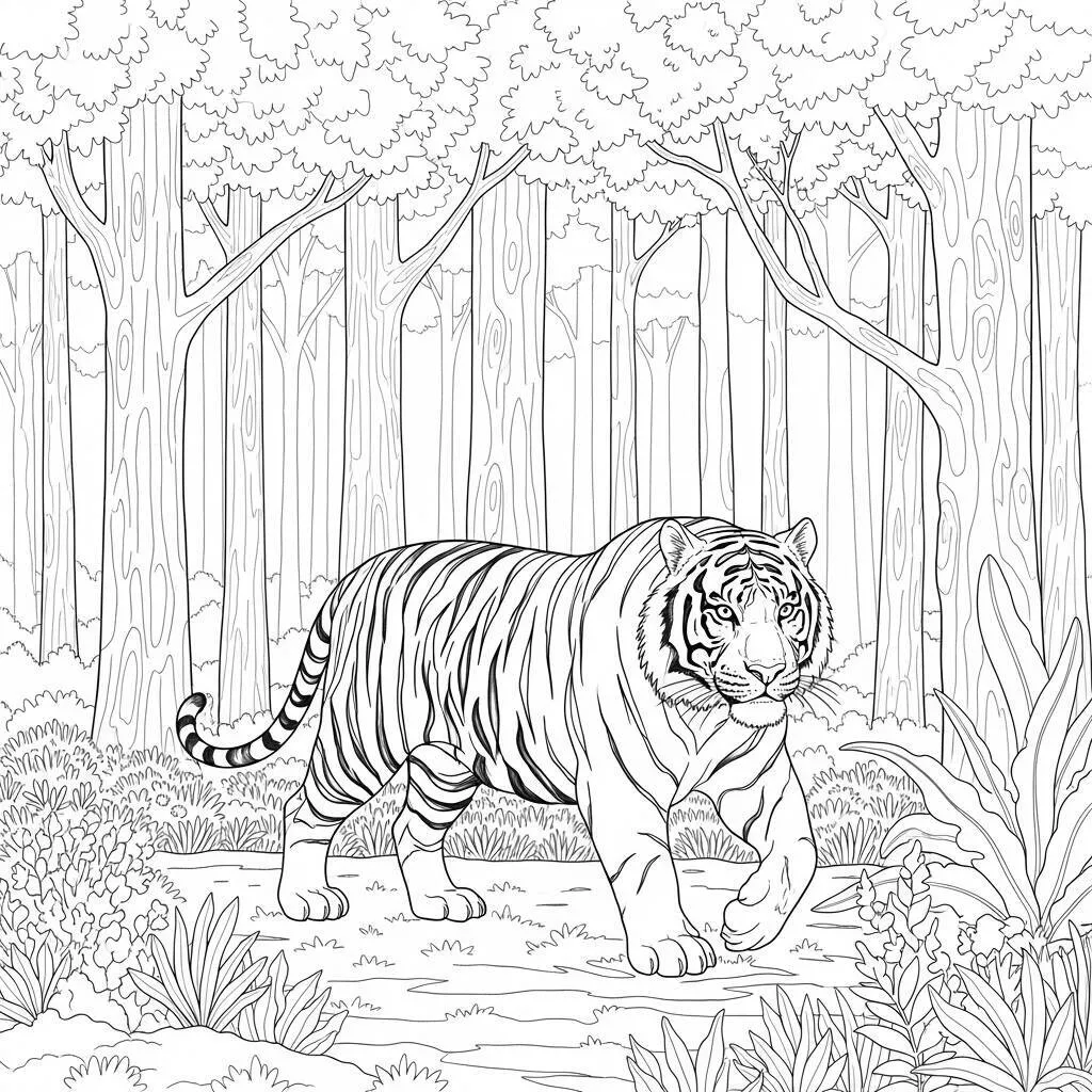 Desenho de Tigre e a Natureza para Colorir