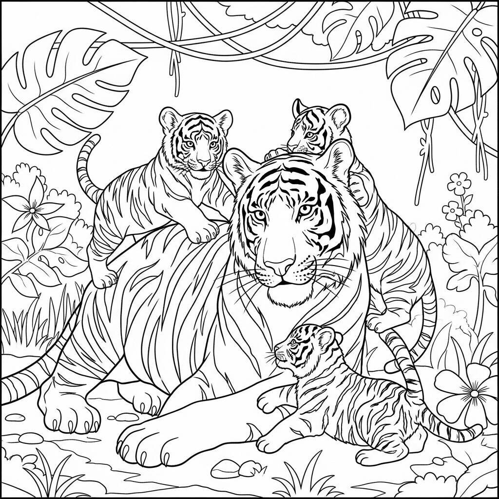 Coloriage Tigre et ses petits pour Colorier