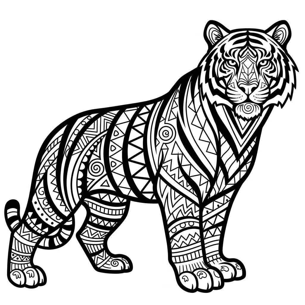 Desenho-de-Tigre-em-Estilo-Tribal-para-Colorir Tiger Coloring Page in Tribal Style
