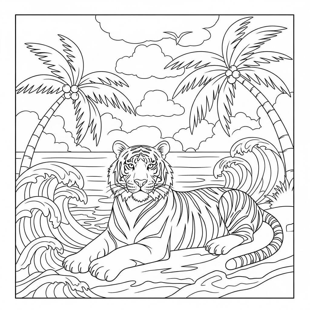 Coloriage tigre sur la plage