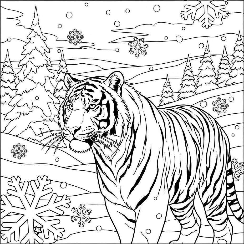 Coloriage Tigre en hiver