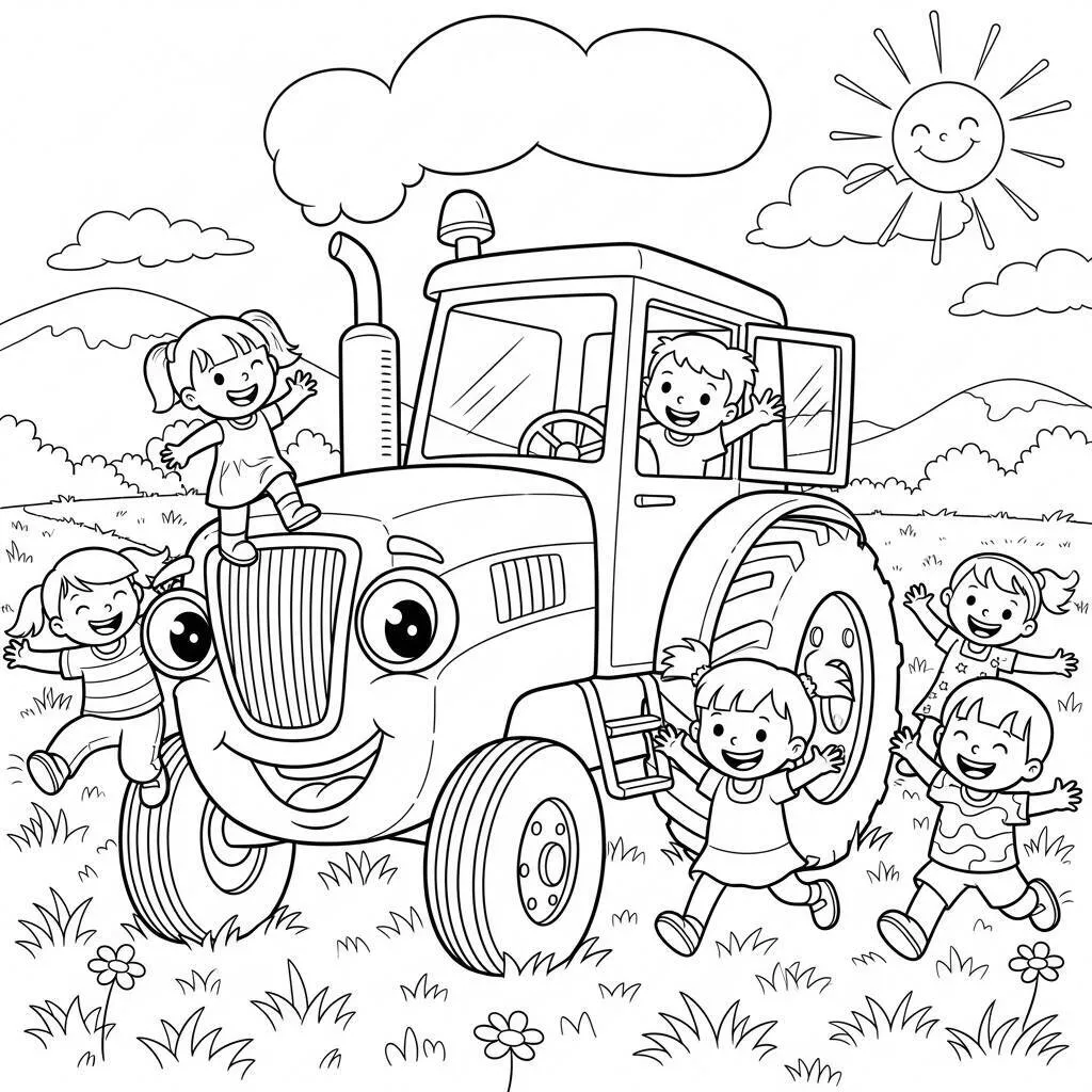 Desenho de Trator com Crianças para Colorir