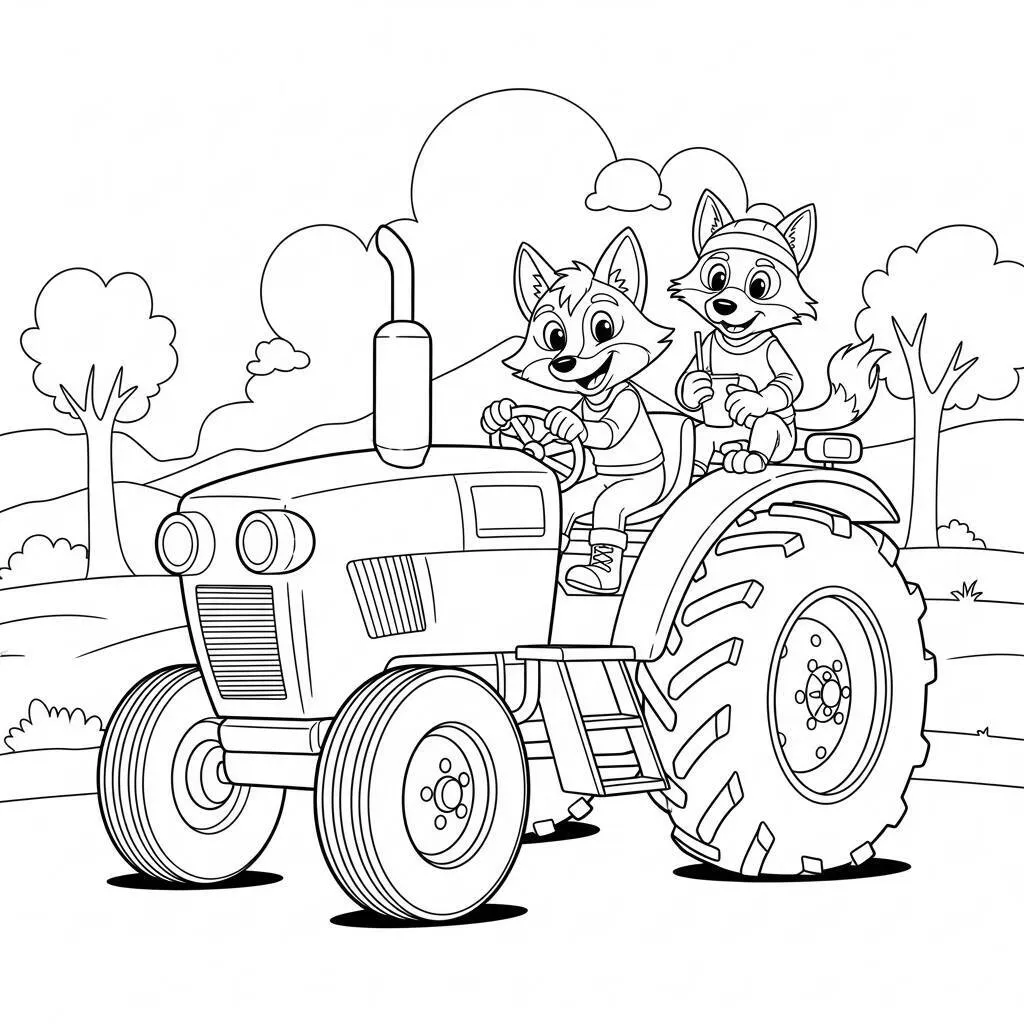 Desenho de Trator com Lobo e Raposa para Colorir