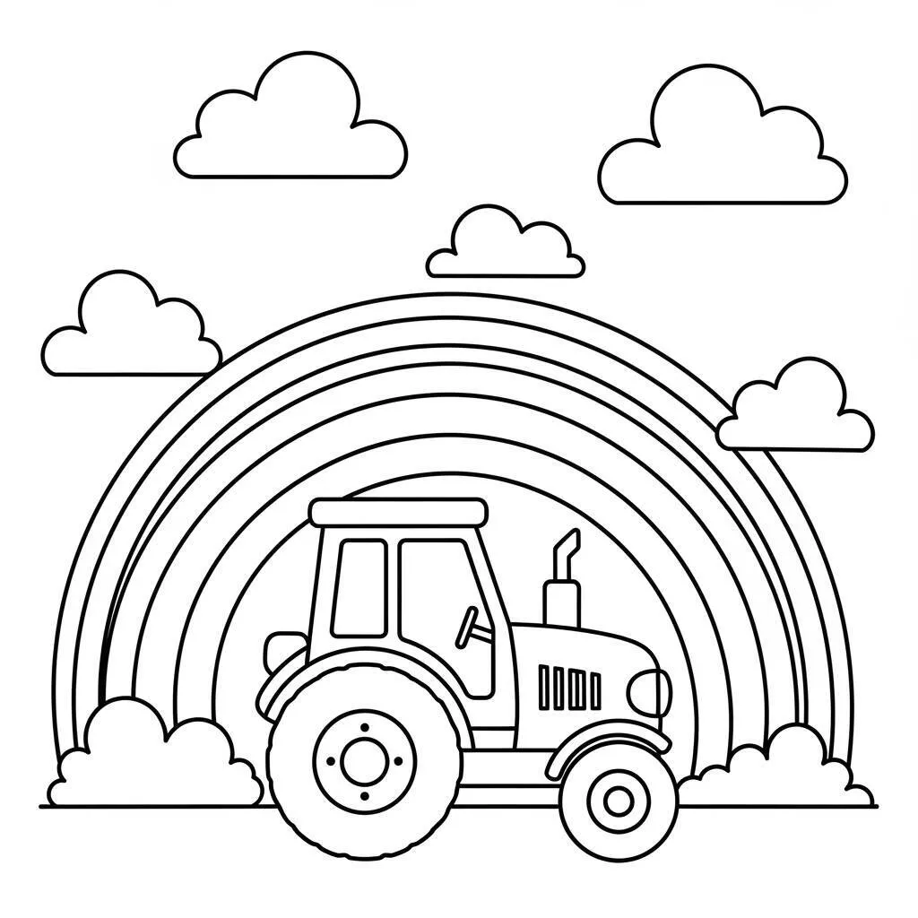 Desenho-de-Trator-e-Arco-Iris-para-Colorir Desenho de Trator e Arco-Íris para Colorir