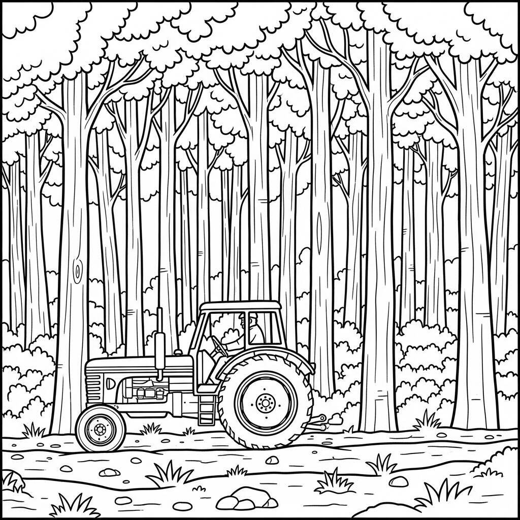 Coloriage Tracteur et Arbres