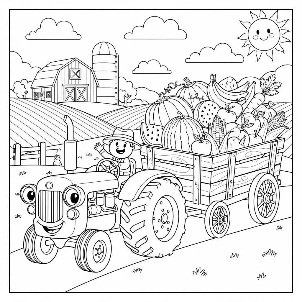 Desenho de Trator e Carroça para Colorir