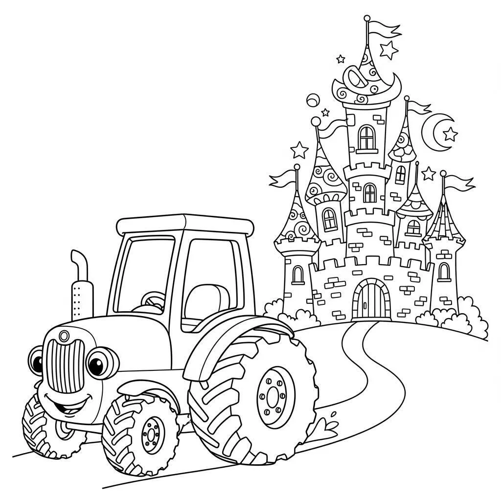 Desenho-de-Trator-e-Castelo-para-Colorir Desenho de Trator e Castelo para Colorir