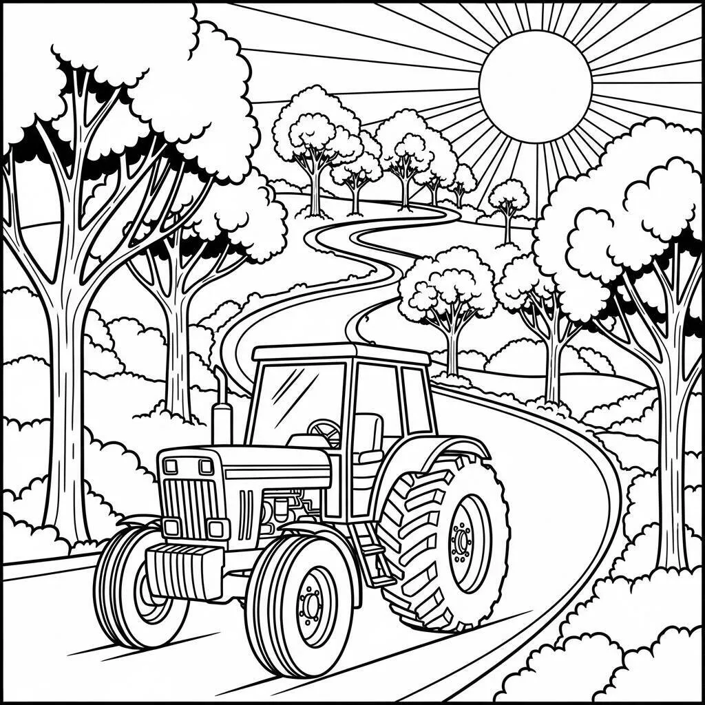 Desenho de Trator e Estrada para Colorir