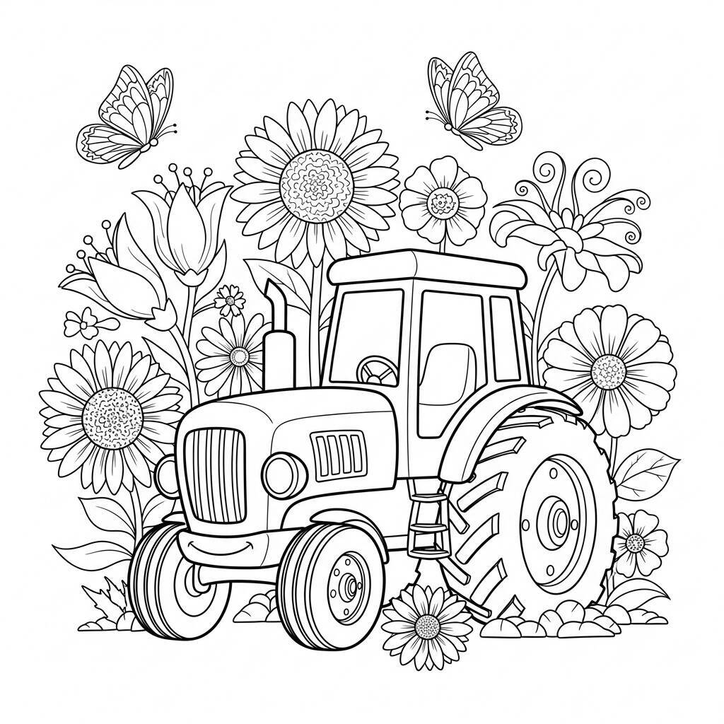 Coloriage Tracteur et Fleurs