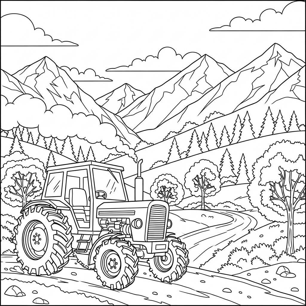 Coloriage Tracteur et Montagnes