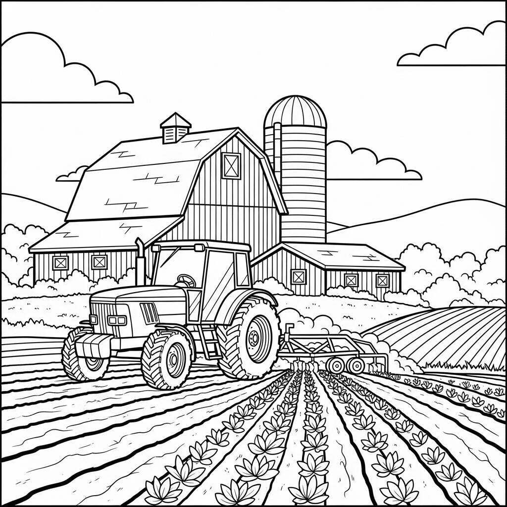 Coloriage de Tracteur sur une ferme