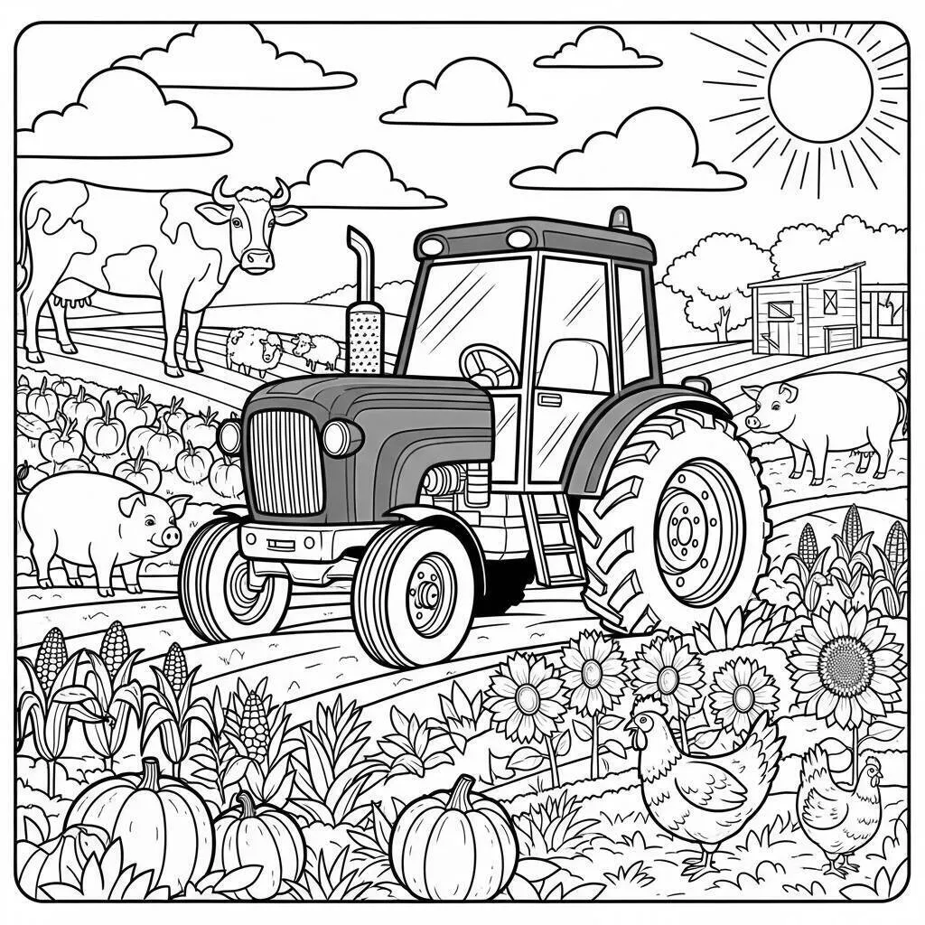 Desenho-de-Trator-na-Fazenda-para-Colorir-1 Coloriage Tracteur sur la ferme