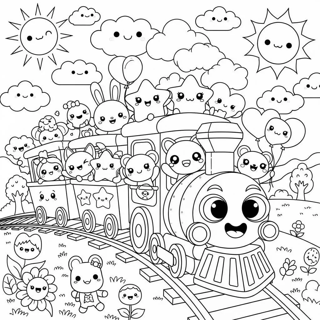 Desenho de Trem Kawaii para Colorir