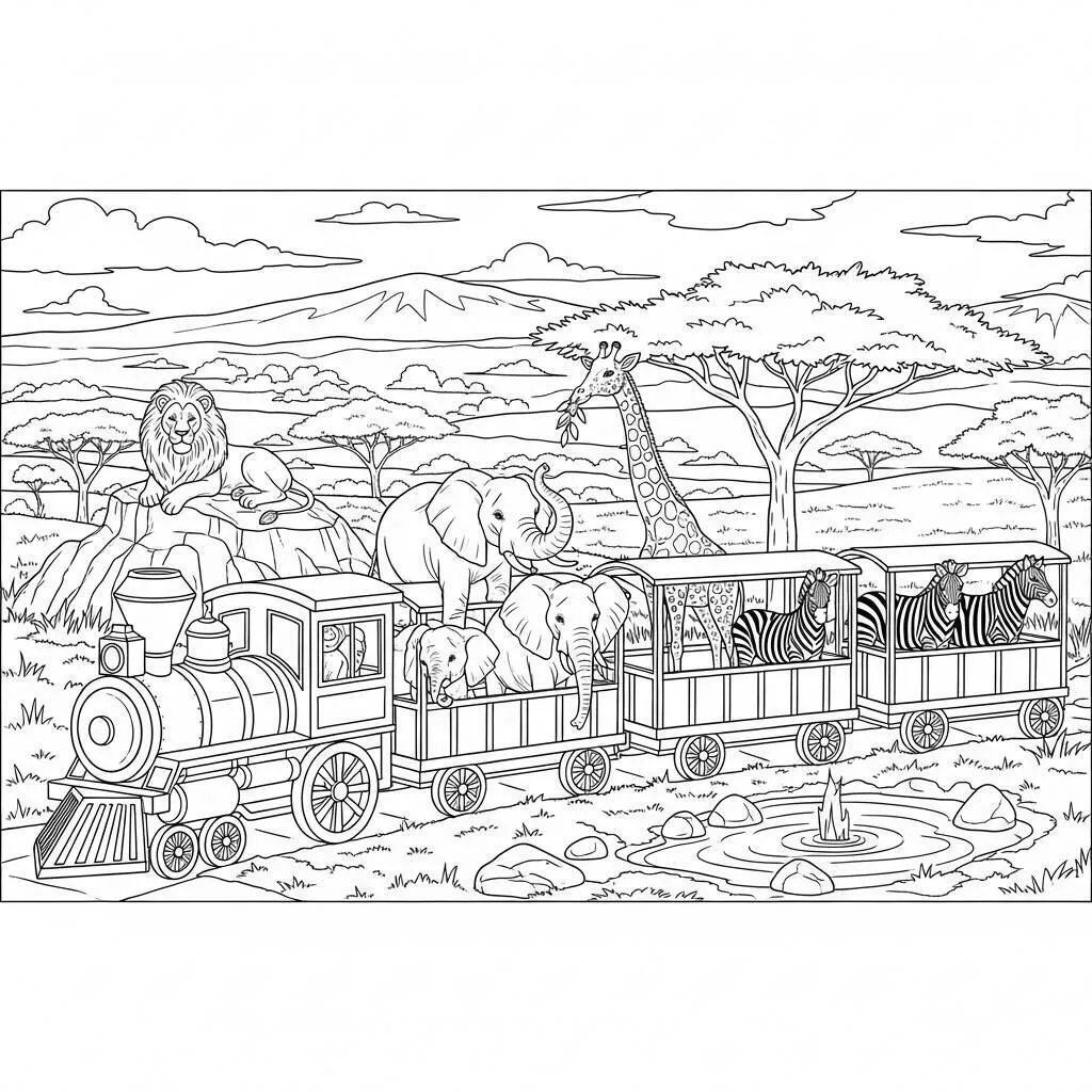 Desenho-de-Trem-de-Safari-para-Colorir Desenho de Trem de Safari para Colorir