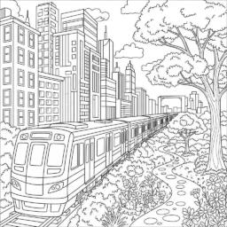 Desenho de Trem em uma Cidade para Colorir