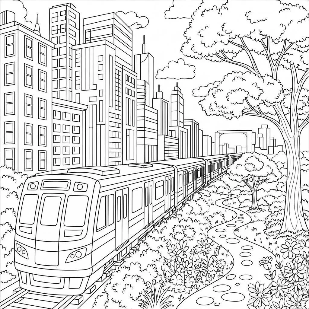 Desenho de Trem em uma Cidade para Colorir