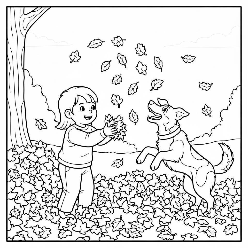 Coloriage Un chien et un enfant jouant en automne
