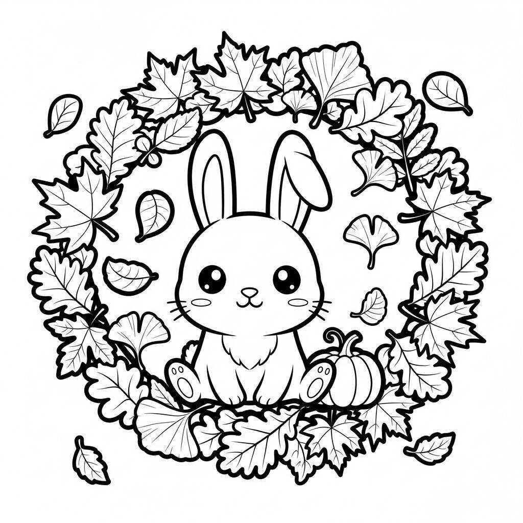 Coloriage Lapin Kawaii avec Feuilles d'Automne