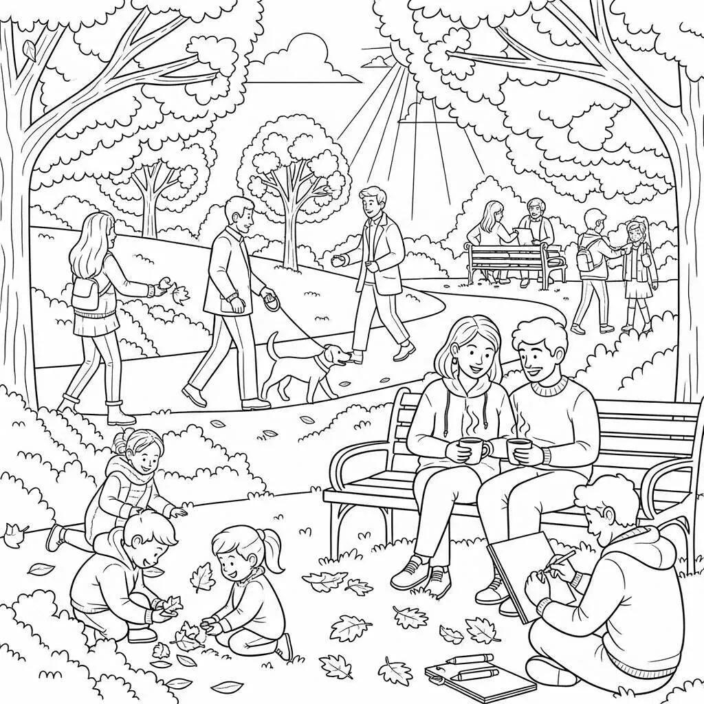 Desenho-de-Um-Dia-de-Outono-no-Parque-para-Colorir Desenho de Um Dia de Outono no Parque para Colorir