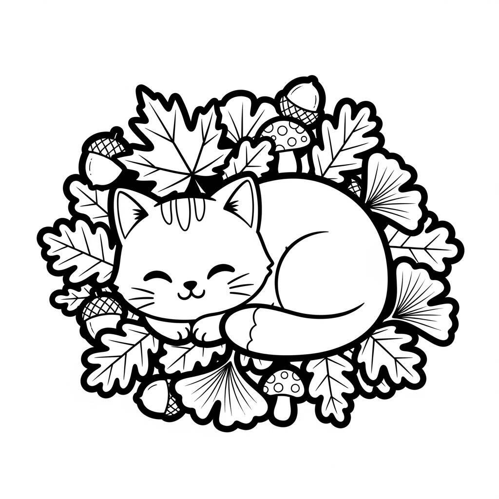 Coloriage Chat Kawaii dormant dans les feuilles d'automne