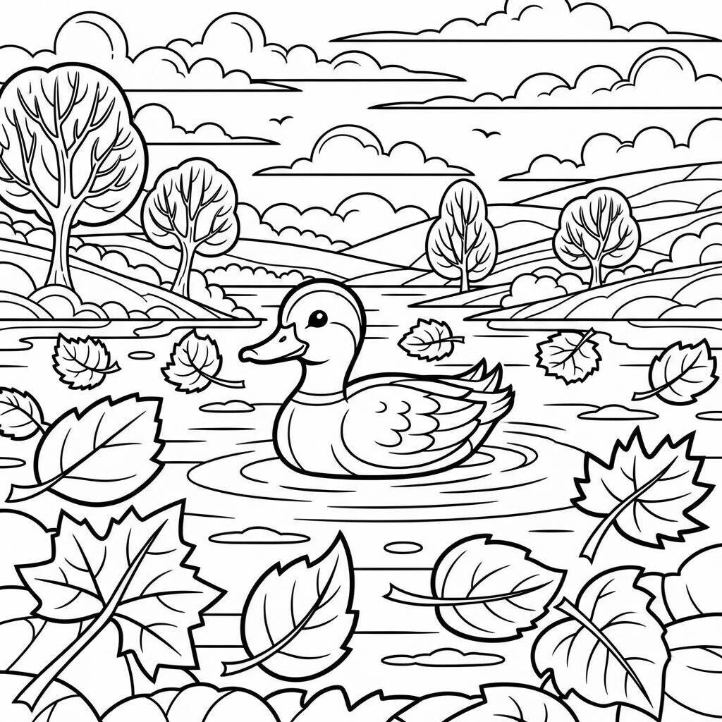 Coloriage Un étang aux canards en automne