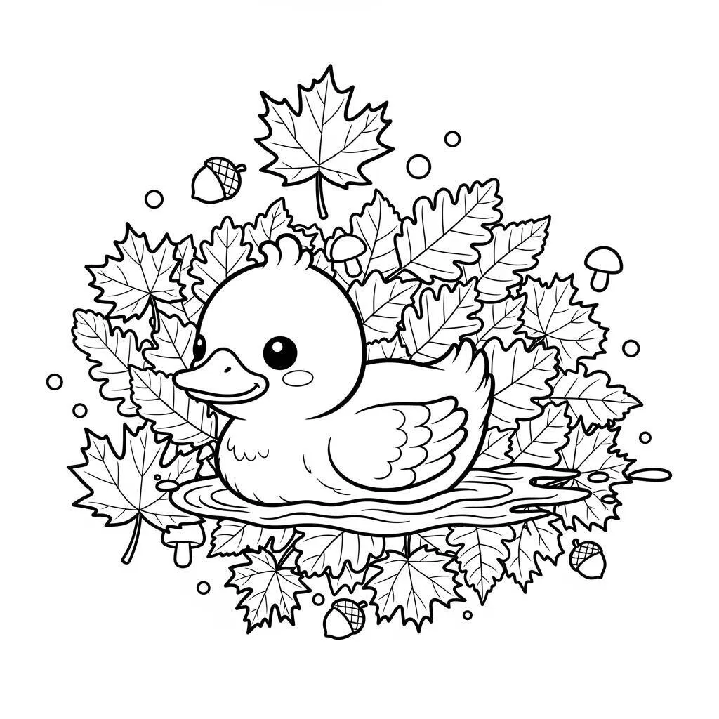Desenho de Um Pato Kawaii em Folhas de Outono para Colorir