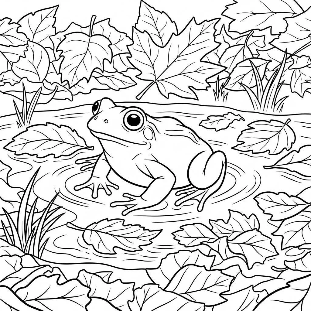 Desenho de Um Sapo em uma Poça de Outono para Colorir