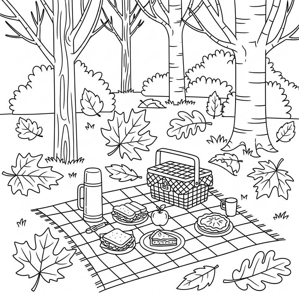 Coloriage Un après-midi d'automne avec un pique-nique