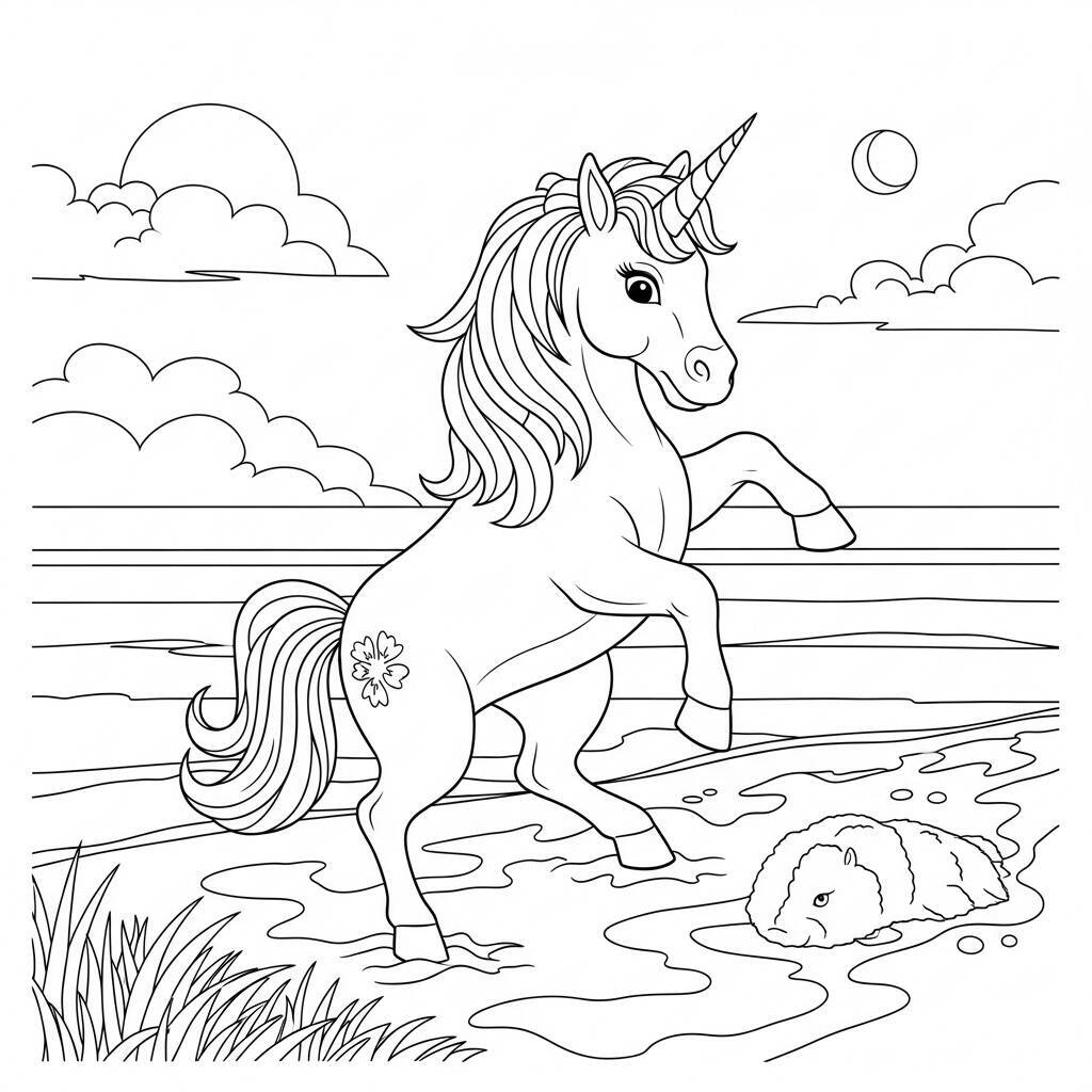 Desenho de Unicórnio Brincando na Praia para Colorir