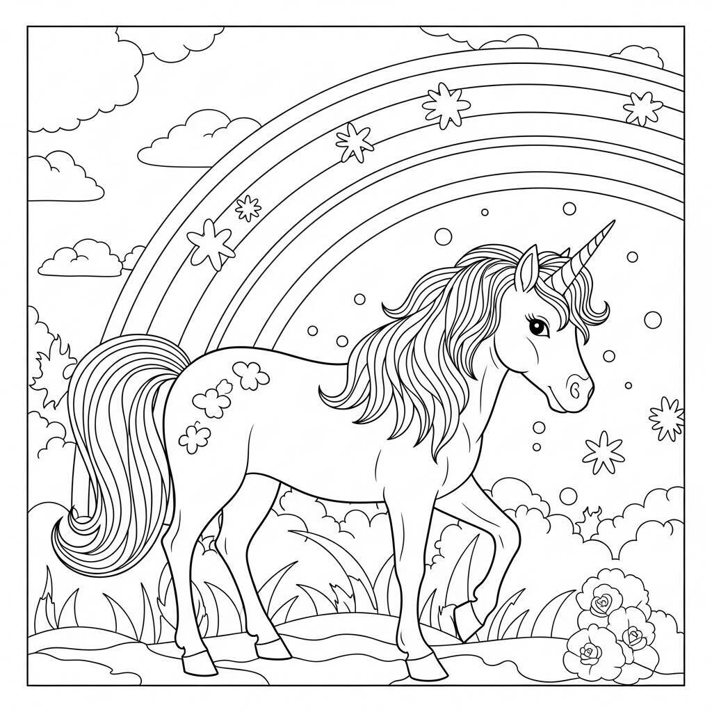 Desenho de Unicórnio com Arco-Íris para Colorir
