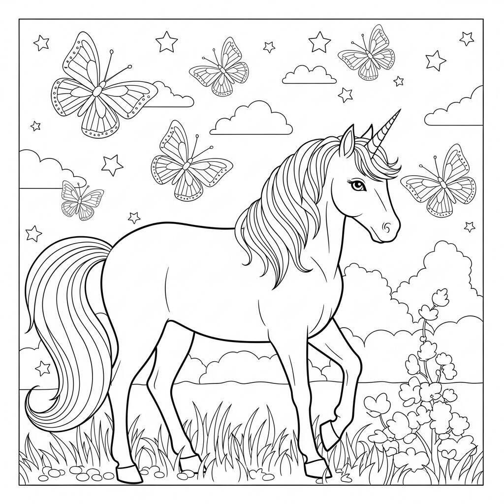 Desenho de Unicórnio com Borboletas para Colorir