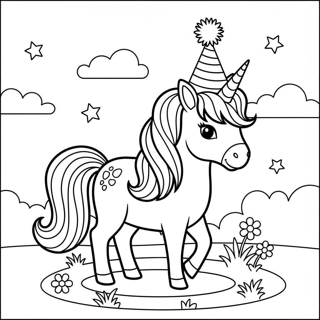 Desenho de Unicórnio com Chapéu de Festa para Colorir