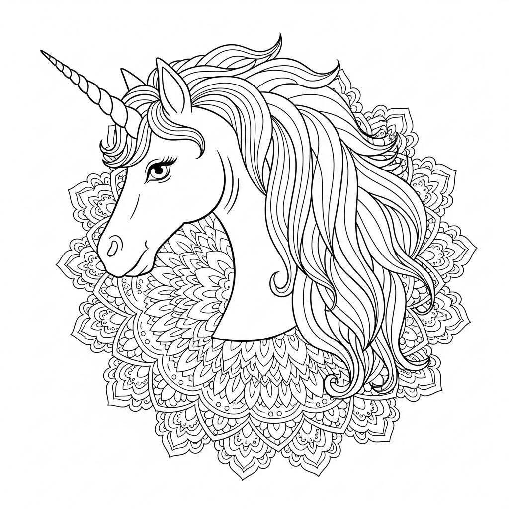 Desenho de Unicórnio com Detalhes de Mandala para Colorir