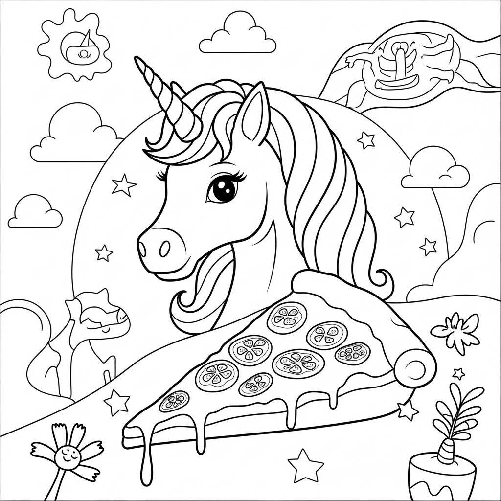 Desenho de Unicórnio com Pizza para Colorir