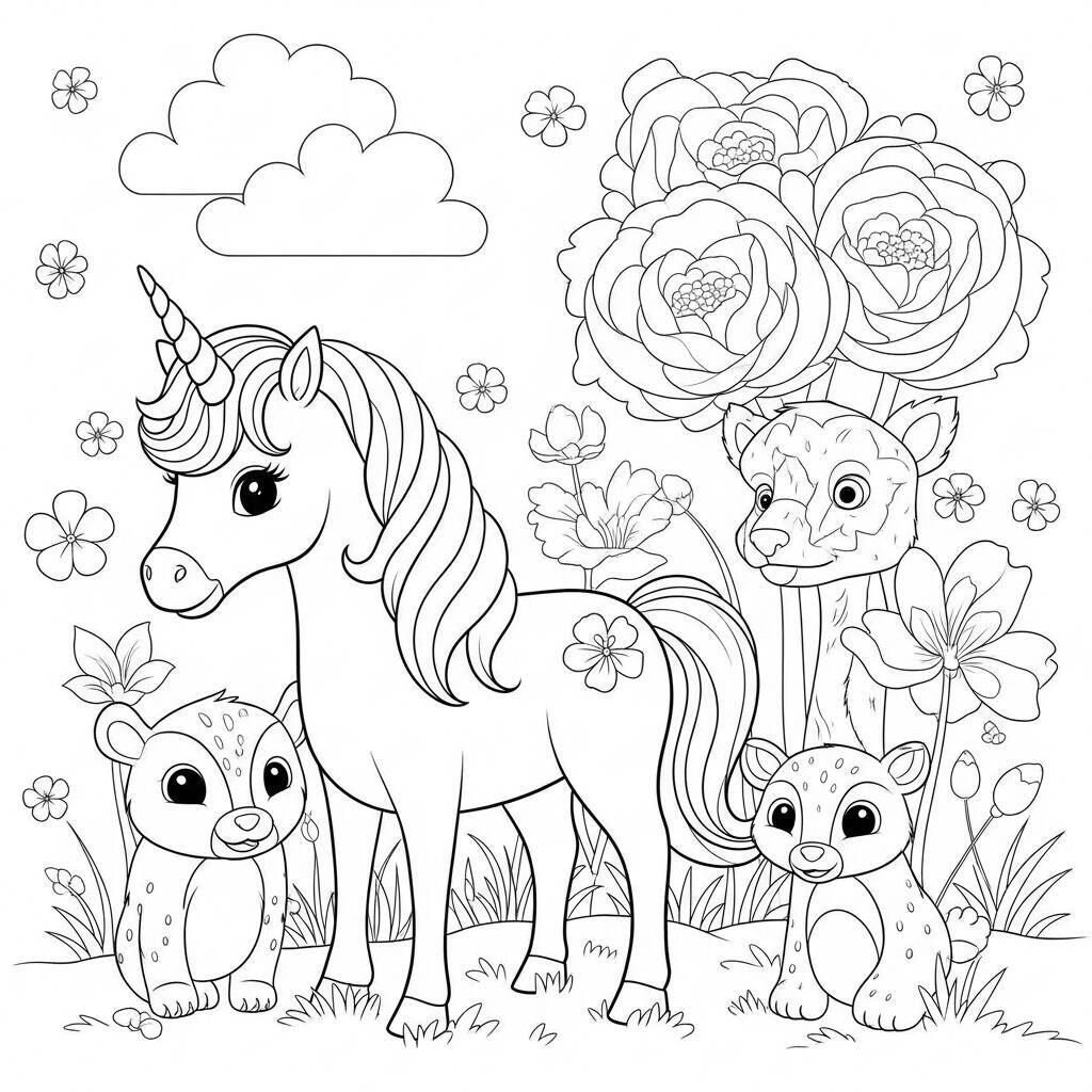 Desenho de Unicórnio e Amigos Animais para Colorir