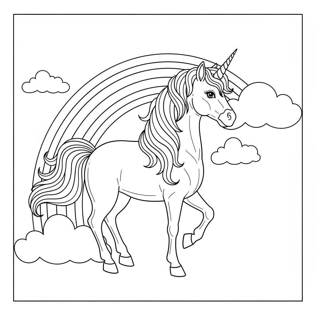Desenho de Unicórnio e Arco-Íris com Nuvens para Colorir