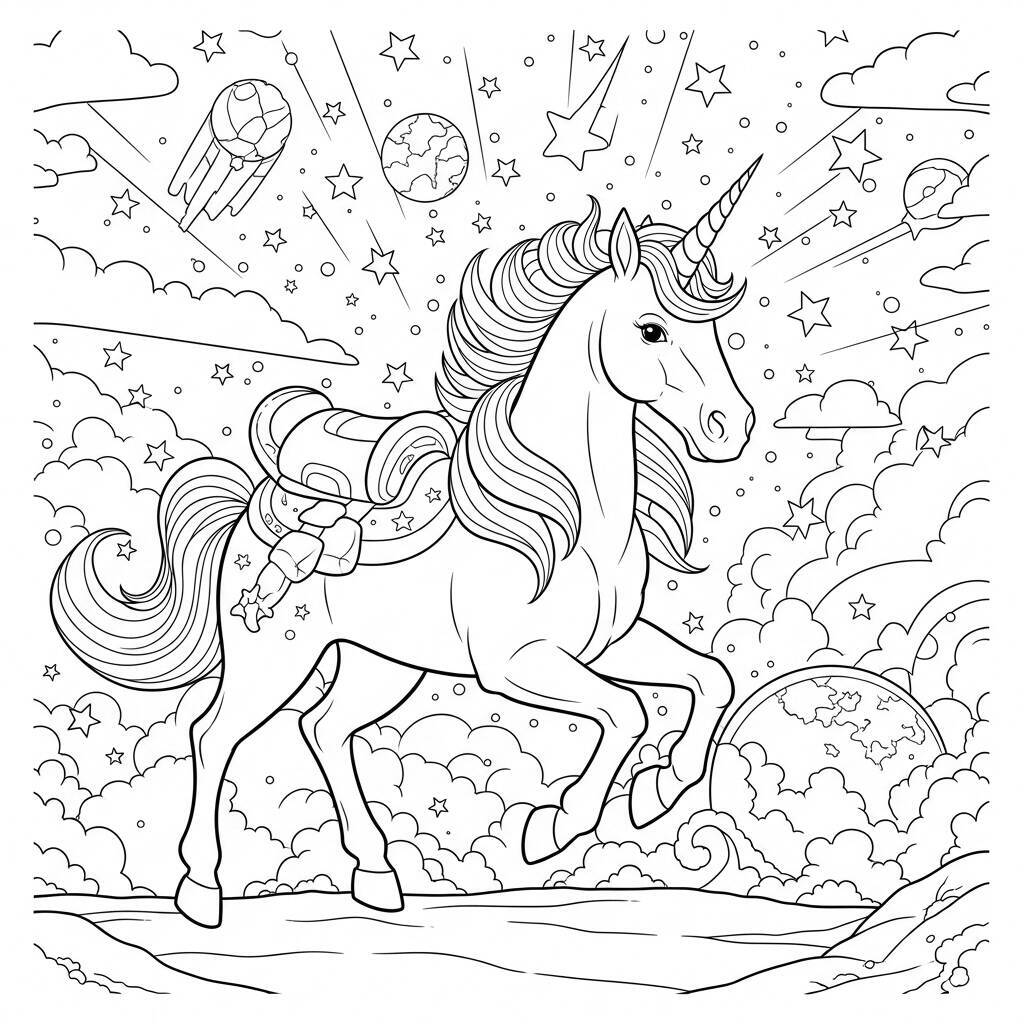 Desenho de Unicórnio e Aventura Espacial para Colorir