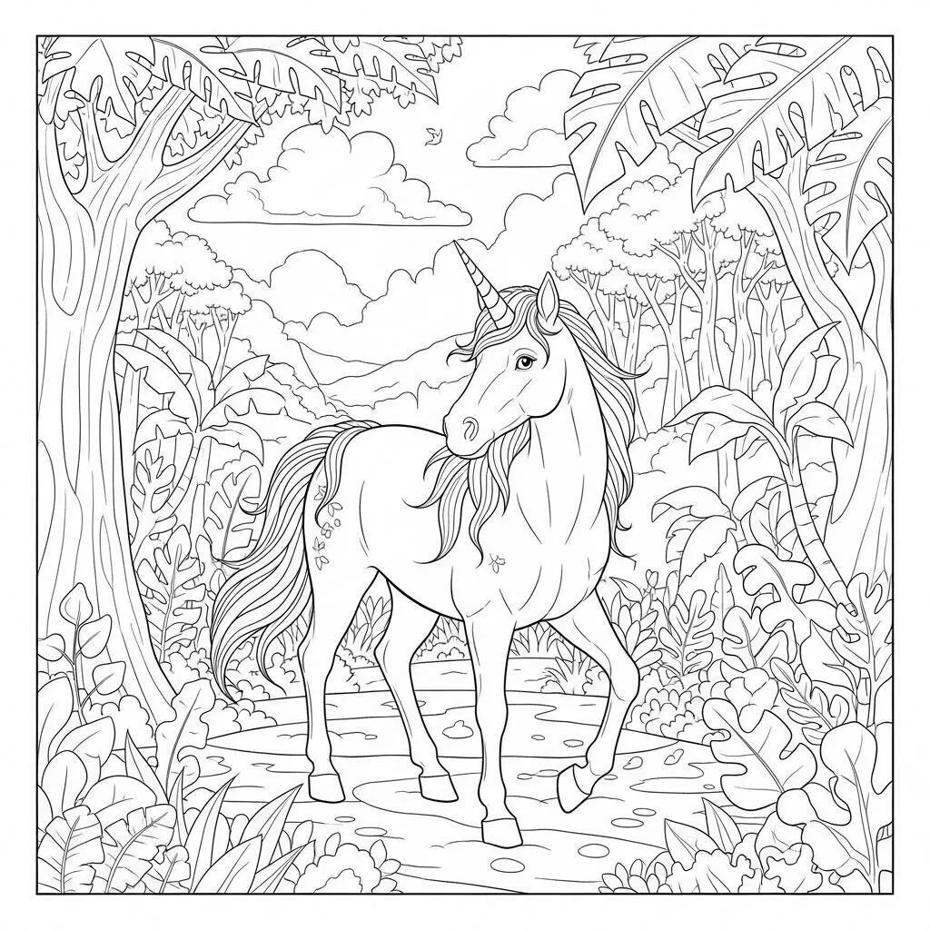 Desenho de Unicórnio e Aventura na Selva para Colorir
