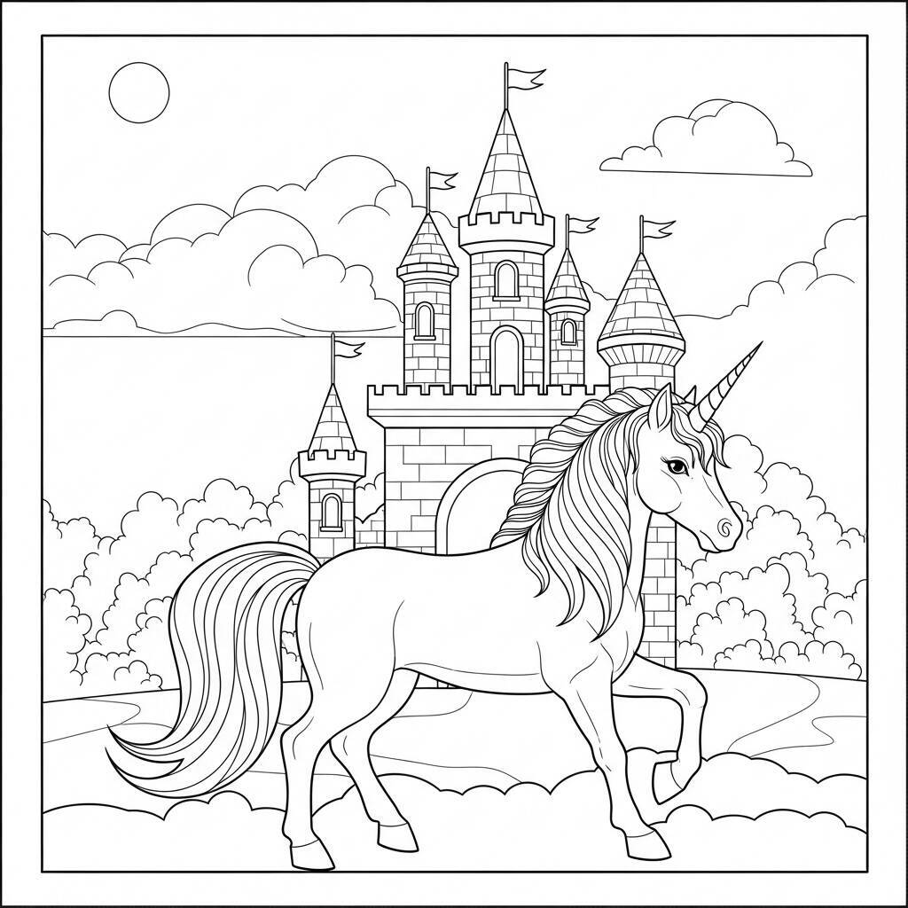 Desenho de Unicórnio e Castelo para Colorir